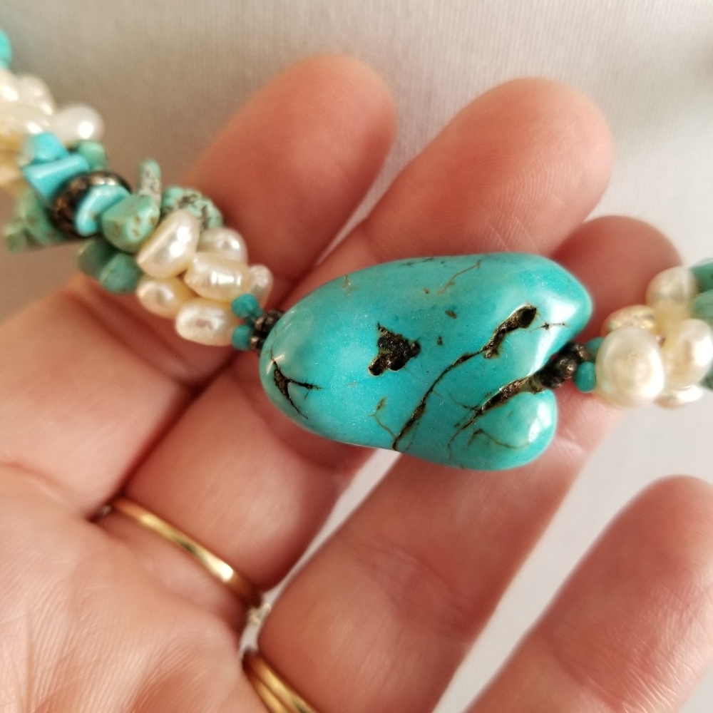 Necklace Southwestern Chunky real pearls and blue stone western style - Picture 12 of 17